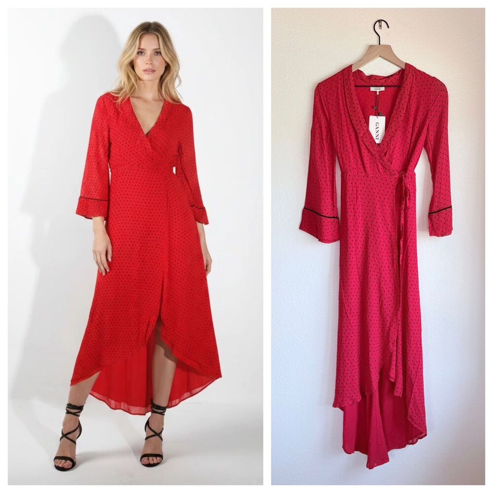NWT GANNI Mullin Georgette Polka-Dot Dress in Fiery Red Chiffon Size 34 (US 2)